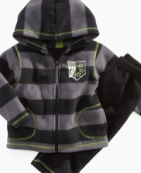 Your little guy will rock big style in this striped fleece hoodie and pants set by Mick Mack. Your little guy will rock big style in this striped fleece hoodie and pants set by Mick Mack.