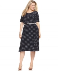 Polka dots are a playful finish to this sleek plus size dress from Jones New York. A skinny belt lends the perfect amount of definition at the waist. Polka dots are a playful finish to this sleek plus size dress from Jones New York. A skinny belt lends the perfect amount of definition at the waist.
