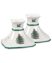 With an historic pattern and pierced holly motif, the Christmas Tree candle holders from Spode are a festive gift to holiday homes. A full evergreen tree with baubles, tinsel and perfectly wrapped packages sets the scene for celebration. With an historic pattern and pierced holly motif, the Christmas Tree candle holders from Spode are a festive gift to holiday homes. A full evergreen tree with baubles, tinsel and perfectly wrapped packages sets the scene for celebration.