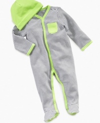 Cozy and cute will start at his head and go down to his toes in this vibrant footed coverall and matching beanie from First Impressions. Cozy and cute will start at his head and go down to his toes in this vibrant footed coverall and matching beanie from First Impressions.