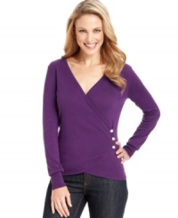Strike a stylish note in Charter Club's faux-wrap top, complete with goltone button details and a flattering fit. Strike a stylish note in Charter Club's faux-wrap top, complete with goltone button details and a flattering fit.