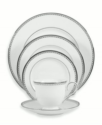 Combining elements of both the modern and the vintage, this understated Pearl Platinum place settings collection is designed to mimic a strand of lustrous pearls. With imitation pearl accents and platinum rims on fine bone china.