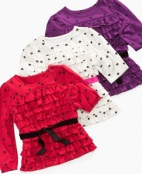 You'll want her to wear it to parties. She'll want to wear it to the playground-and everywhere else. Ruffled heart-print top with slim velvet sash from So Jenni. You'll want her to wear it to parties. She'll want to wear it to the playground-and everywhere else. Ruffled heart-print top with slim velvet sash from So Jenni.
