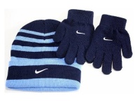 Nike Kids Boy's 4/7 Striped Beanie Hat & Gloves Set (Obsidian) Nike Kids Boy's 4/7 Striped Beanie Hat & Gloves Set (Obsidian)