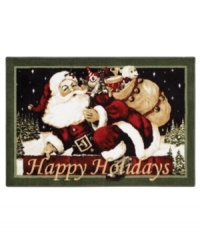 A traditional depiction of Old St. Nick up on the housetop is brilliantly rendered in this Shaw Living area rug, lending a cheerful and warm holiday statement to your floor. Woven in the USA of recyclable nylon. A traditional depiction of Old St. Nick up on the housetop is brilliantly rendered in this Shaw Living area rug, lending a cheerful and warm holiday statement to your floor. Woven in the USA of recyclable nylon.