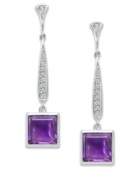 An elegant accent piece in your favorite hue. These stunning long drop earrings feature square-cut amethyst (6-3/4 ct. t.w.) and a row of round-cut diamonds (1/6 ct. t.w.). Set in sterling silver. Approximate drop: 1-1/4 inches.