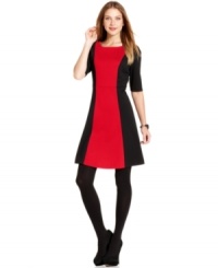 Fit and flare...and fabulous! Style&co. creates the illusion of an even slimmer silhouette with this artfully colorblocked petite ponte-knit dress. Fit and flare...and fabulous! Style&co. creates the illusion of an even slimmer silhouette with this artfully colorblocked petite ponte-knit dress.