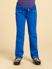 Colored denim with decorative rivets and just a hint of stretch.Front buttonWaistband with belt loopsZip flyFive-pocket styleRivet details86% cotton/11% polyester/3% spandexMachine washMade in USA Colored denim with decorative rivets and just a hint of stretch.Front buttonWaistband with belt loopsZip flyFive-pocket styleRivet details86% cotton/11% polyester/3% spandexMachine washMade in USA