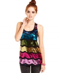 Wear all the colors of the rainbow in this super cute tank from Ultra Flirt! Featuring shiny sequins in a fun wave pattern, this top is perfect for a night out. Wear all the colors of the rainbow in this super cute tank from Ultra Flirt! Featuring shiny sequins in a fun wave pattern, this top is perfect for a night out.