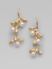 From the Olive Collection. Delicate boughs of 18k gold, sprinkled with white Akoya pearl olives. 7mm white round cultured pearls Quality: A+ 18k yellow gold Ear wire Imported