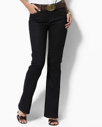 Designed in stretch cotton denim for comfort and a flattering fit, this straight-leg jeans are distinguished by a sleek silhouette. Moderate low-rise waist, sleek hip. Zip fly with shank closure. Five-pocket style with metal rivets at points of wear. Back right pocket features the signature LRL embroidered logo. Leather logo patch accents the back waist. Inseam, about 27. Designed in stretch cotton denim for comfort and a flattering fit, this straight-leg jeans are distinguished by a sleek silhouette. Moderate low-rise waist, sleek hip. Zip fly with shank closure. Five-pocket style with metal rivets at points of wear. Back right pocket features the signature LRL embroidered logo. Leather logo patch accents the back waist. Inseam, about 27.
