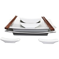 A sushi ready place setting for 2! Set includes 2 of each item: plates, pairs of chopsticks, chopstick stand and dipping tray. Dishwasher and microwave safe. A sushi ready place setting for 2! Set includes 2 of each item: plates, pairs of chopsticks, chopstick stand and dipping tray. Dishwasher and microwave safe.