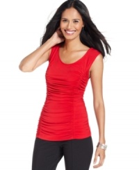 Style&co.'s sleeveless ruched top looks smashing with a cardigan and even more beautiful on its own--wear solo to show off the sheer lace inset at the back neckline. Style&co.'s sleeveless ruched top looks smashing with a cardigan and even more beautiful on its own--wear solo to show off the sheer lace inset at the back neckline.