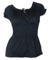 Ralph Lauren Women`s Black 100% Cotton Short Sleeve Smocked Top Blouse Size PP