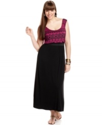 Score a super-cute look for summer with ING's sleeveless plus size maxi, featuring a printed top.