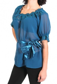 Sheer lace neck lines and sleeves blouse in Aqua Sheer lace neck lines and sleeves blouse in Aqua