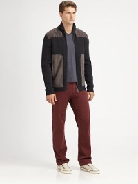 Modern-fit zip jacket, shaped in a luxurious virgin wool blend with faux-suede patch detail at the shoulder, back, pockets and elbows.Zip frontStand collarRibbed knit cuffsSide slash pockets50% virgin wool/50% acrylicDry cleanImported Modern-fit zip jacket, shaped in a luxurious virgin wool blend with faux-suede patch detail at the shoulder, back, pockets and elbows.Zip frontStand collarRibbed knit cuffsSide slash pockets50% virgin wool/50% acrylicDry cleanImported