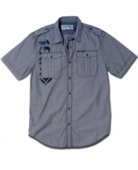 Keep your style in line with this striped shirt from DKNY Jeans. Short sleeves and double chest pockets will enhance any casual look. Keep your style in line with this striped shirt from DKNY Jeans. Short sleeves and double chest pockets will enhance any casual look.