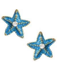 Sail the high seas of style with an adorable pair of starfish earrings. This gold-plated Betsy Johnson design features a sparkling crystal accent at center and gold-tone detailing. Post closure at back. Approximate diameter: 1/2 inch. Sail the high seas of style with an adorable pair of starfish earrings. This gold-plated Betsy Johnson design features a sparkling crystal accent at center and gold-tone detailing. Post closure at back. Approximate diameter: 1/2 inch.