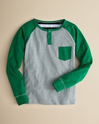 Evoking the warmest retro style for fall, this adorable raglan sleeve henley brings a certain sweetness to his jeans-and-tee uniform. Evoking the warmest retro style for fall, this adorable raglan sleeve henley brings a certain sweetness to his jeans-and-tee uniform.