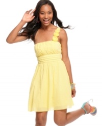 Heed the call of the cute in a dress made for celebration! From the rosette-adorned shoulder strap to the swiss dot fabric, girlish elements make this frock a super-sweet style! Heed the call of the cute in a dress made for celebration! From the rosette-adorned shoulder strap to the swiss dot fabric, girlish elements make this frock a super-sweet style!