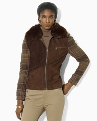 Sumptuous suede and a classic plaid pattern create a luxurious heritage complement on the edgy-chic jacket, finished with a full-zip front and faux-fur collar for rugged elegance. Sumptuous suede and a classic plaid pattern create a luxurious heritage complement on the edgy-chic jacket, finished with a full-zip front and faux-fur collar for rugged elegance.