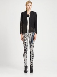 Asymmetrical leather paneling adds a warped effect to this modern mixed-media jacket. CollarlessLong sleeves with buttoned cuffsSingle button closureAbout 24 from shoulder to hemBody: Viscose/elastane/ramieTrim: LeatherDry cleanMade in USA of Italian fabricModel shown is 5'11 (178cm) wearing US size 4. Asymmetrical leather paneling adds a warped effect to this modern mixed-media jacket. CollarlessLong sleeves with buttoned cuffsSingle button closureAbout 24 from shoulder to hemBody: Viscose/elastane/ramieTrim: LeatherDry cleanMade in USA of Italian fabricModel shown is 5'11 (178cm) wearing US size 4.