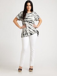 Tie up your style in a pretty bow. In this cotton-modal top, you will find a relaxed fit, arm coverage and a self-tie detail for a timelessly feminine silhouette.BoatneckShort sleevesSelf-tie detail at curved hemAbout 31 from shoulder to hemCottonMachine washImported Tie up your style in a pretty bow. In this cotton-modal top, you will find a relaxed fit, arm coverage and a self-tie detail for a timelessly feminine silhouette.BoatneckShort sleevesSelf-tie detail at curved hemAbout 31 from shoulder to hemCottonMachine washImported