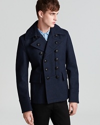 This warm wool blend coat flirts with a peak lapel for a vintage style that's trending now, a complementary design element next to the decorative brass-tone button front. A classic look for all your winter wanderings, from Burberry Brit. This warm wool blend coat flirts with a peak lapel for a vintage style that's trending now, a complementary design element next to the decorative brass-tone button front. A classic look for all your winter wanderings, from Burberry Brit.