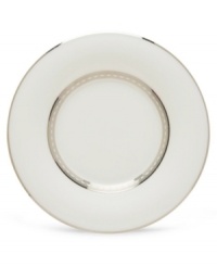 Metropolitan sensibility and modern design combine in an understated white bone china collection. Platinum gild along the edge is enhanced by a clean, platinum geometric pattern reminiscent of architectural details. Accent plates feature the geometric pattern along the interior verge, with a thin platinum band along the outer rim.