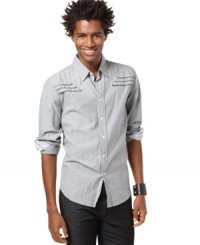 Go West, young man. With a cool, distressed style, this Vintage Red shirt is ready to pioneer your new weekend look. Go West, young man. With a cool, distressed style, this Vintage Red shirt is ready to pioneer your new weekend look.
