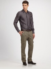 A sleek, modern update on the cargo pant tailored with a slim fit with flat-laying cargo pockets on the legs. Side slash, back pockets Flap cargo pockets Inseam, about 32 98% cotton/2% elastane Dry clean Imported A sleek, modern update on the cargo pant tailored with a slim fit with flat-laying cargo pockets on the legs. Side slash, back pockets Flap cargo pockets Inseam, about 32 98% cotton/2% elastane Dry clean Imported