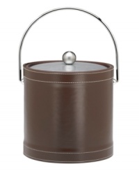 A rich pebbled texture gives this chocolate-brown ice bucket the look and feel of real leather. Its double-walled design keeps things cold and dry. With contrast stitching and a brushed metal lid. A rich pebbled texture gives this chocolate-brown ice bucket the look and feel of real leather. Its double-walled design keeps things cold and dry. With contrast stitching and a brushed metal lid.