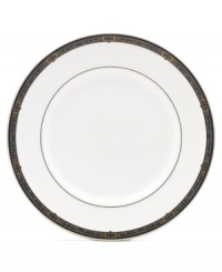 For nearly 150 years, Lenox has been renowned throughout the world as a premier designer and manufacturer of fine china. The Vintage Jewel dinner plates from Lenox's dinnerware and dishes collection evoke a more gracious era, combining pure white bone china with a dark, richly patterned band of muted gold, taupe, charcoal, and black, and accented with subtle touches of cobalt blue. For nearly 150 years, Lenox has been renowned throughout the world as a premier designer and manufacturer of fine china. The Vintage Jewel dinner plates from Lenox's dinnerware and dishes collection evoke a more gracious era, combining pure white bone china with a dark, richly patterned band of muted gold, taupe, charcoal, and black, and accented with subtle touches of cobalt blue.