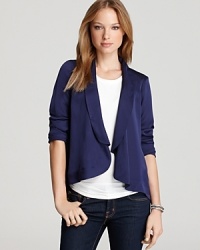 In an innovative new approach, this BCBGeneration blazer features a draped front and back cutout--modern details for impeccable style. In an innovative new approach, this BCBGeneration blazer features a draped front and back cutout--modern details for impeccable style.