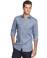 Seamlessly simple. This linen shirt from Calvin Klein is a lightweight addition to your summer style that makes looking good easy. Seamlessly simple. This linen shirt from Calvin Klein is a lightweight addition to your summer style that makes looking good easy.