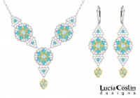 .925 Sterling Silver with 24K Yellow Gold Plated over .925 Sterling Silver Jewelry Set: Necklace and Earrings by Lucia Costin with 3 Dangle Stones, 6 Petal Flowers, Light Blue and Turquoise Swarovski Crystals; Handmade in USA .925 Sterling Silver with 24K Yellow Gold Plated over .925 Sterling Silver Jewelry Set: Necklace and Earrings by Lucia Costin with 3 Dangle Stones, 6 Petal Flowers, Light Blue and Turquoise Swarovski Crystals; Handmade in USA