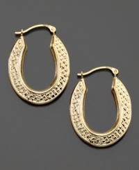 These 14k gold hoop earrings feature comforting design for every day. Approximate diameter: 1/2 inch. Approximate length: 1 inch. These 14k gold hoop earrings feature comforting design for every day. Approximate diameter: 1/2 inch. Approximate length: 1 inch.