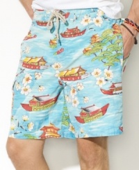 Rendered in a quick-drying blend of cotton and nylon, the classic-fitting East Hampton trunk draws inspiration from the Pacific islands with a bright, bold print. Rendered in a quick-drying blend of cotton and nylon, the classic-fitting East Hampton trunk draws inspiration from the Pacific islands with a bright, bold print.