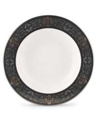 The Vintage Jewel pattern evokes a more gracious era, combining pure white bone china with a dark, richly patterned band of muted gold, taupe, charcoal, and black, and accented with subtle touches of cobalt blue. From Lenox's dinnerware and dishes collection. The Vintage Jewel pattern evokes a more gracious era, combining pure white bone china with a dark, richly patterned band of muted gold, taupe, charcoal, and black, and accented with subtle touches of cobalt blue. From Lenox's dinnerware and dishes collection.