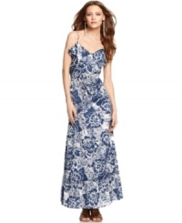 Strike a boho note in this maxi dress from DKNY Jeans, featuring a feminine ruffled neckline and hem and a chic tie at the waist.