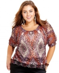 Let your style soar this season with Eyeshadow's butterfly-print plus size top, fashioned from on-trend lace. Let your style soar this season with Eyeshadow's butterfly-print plus size top, fashioned from on-trend lace.