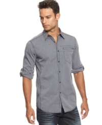 This INC International Concepts shirt gives your button-down collection a stylish boost. This INC International Concepts shirt gives your button-down collection a stylish boost.