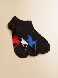 An oversized version of the polo player logo is colorfully knit into the soles of three pairs of sturdy, cotton-y ankle socks.Ribbed cuff71% cotton/27% polyester/2% spandexMachine washImported An oversized version of the polo player logo is colorfully knit into the soles of three pairs of sturdy, cotton-y ankle socks.Ribbed cuff71% cotton/27% polyester/2% spandexMachine washImported