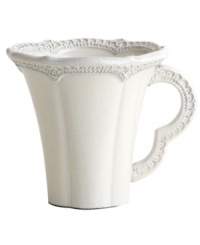 Handcrafted in the Italian tradition, the Merletto mug is intricately embellished with a lacy floral texture and painted a creamy antique white. An elegant companion to Arte Italica dinnerware. Handcrafted in the Italian tradition, the Merletto mug is intricately embellished with a lacy floral texture and painted a creamy antique white. An elegant companion to Arte Italica dinnerware.