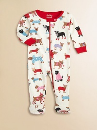 Dressed in their doggie sweaters and ready for a winter walk, a whole kennel's worth of perky pooches adorns this adorable cotton knit print.Ribbed crewneckSnap neck tabFront and leg zipperLong sleeves with contrast ribbed cuffsFeet with non-slip dots on solesCottonMachine washImported Dressed in their doggie sweaters and ready for a winter walk, a whole kennel's worth of perky pooches adorns this adorable cotton knit print.Ribbed crewneckSnap neck tabFront and leg zipperLong sleeves with contrast ribbed cuffsFeet with non-slip dots on solesCottonMachine washImported