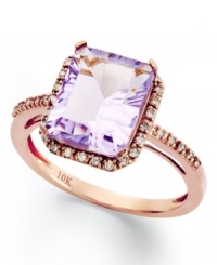 Richly colored with faceted details, this fun cocktail ring showcases an emerald-cut pink amethyst (2-1/2 ct. t.w.) edged by sparkling diamonds (1/8 ct. t.w.). Set in 10k rose gold. Richly colored with faceted details, this fun cocktail ring showcases an emerald-cut pink amethyst (2-1/2 ct. t.w.) edged by sparkling diamonds (1/8 ct. t.w.). Set in 10k rose gold.