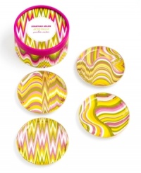 Chill out with Jonathan Alder's Acid Palm coasters. Psychedelic patterns on gold-banded porcelain create a groovy place for drinks to gather. Chill out with Jonathan Alder's Acid Palm coasters. Psychedelic patterns on gold-banded porcelain create a groovy place for drinks to gather.