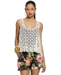 Artisanal, open-knit design meets easy-breezy relaxed fit on a chic tank from Bar III that beckons a tropical sun. Artisanal, open-knit design meets easy-breezy relaxed fit on a chic tank from Bar III that beckons a tropical sun.