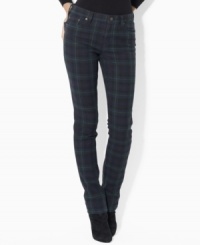 Lauren Jeans Co.'s bold plaid twill pant features a slim, straight leg and a hint of stretch for a versatile modern look. Lauren Jeans Co.'s bold plaid twill pant features a slim, straight leg and a hint of stretch for a versatile modern look.